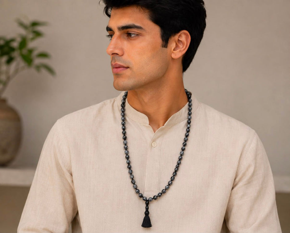 Snowflake Obsidian Mala Necklace – Handmade Meditation & Spiritual Beads for Protection