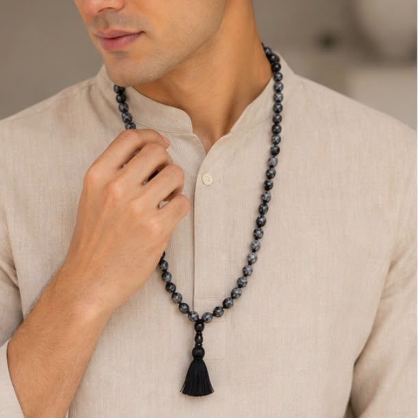 Snowflake Obsidian Mala Necklace – Handmade Meditation & Spiritual Beads for Protection