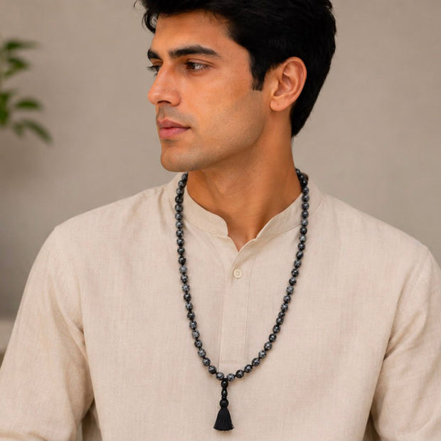 Snowflake Obsidian Mala Necklace – Handmade Meditation & Spiritual Beads for Protection